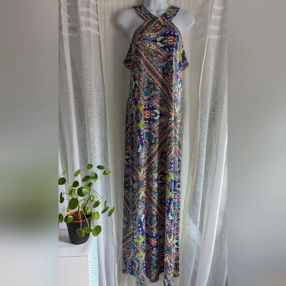 Festive Maxi Dress New Halter V-Neck Stretch ๐ M Vacay Beach Party Colorful - Picture 3 of 17